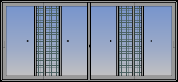 Fereastra cvadrupla glisanta orizontala paralela cu montant de intalnire si plasa impotriva insectelor